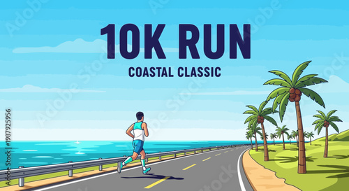 Coastal Run Event Illustration Depicting Athlete Running on a Seaside Road With Palm Trees