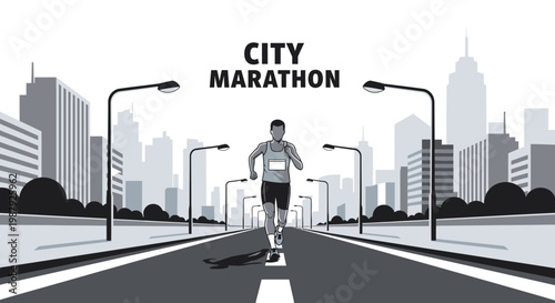 City Runner, Marathon, Vector Illustration, Urban Silhouette, Black and White, Sport Concept