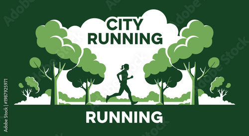 City Runner Silhouette In A Green Landscape With Parks And Trees In Graphic Design
