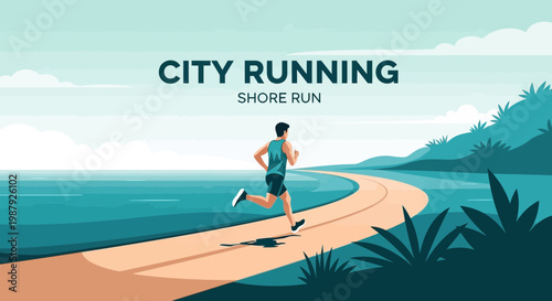 Coastal Runner Embracing The Horizon During An Energetic Shoreline Urban Run Exercise