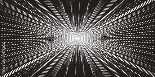 3D abstract blue fractal burst arrangement creates a digital technology tunnel of binary data and light lines on a black background vector wallpaper pattern for a 3d motion space design