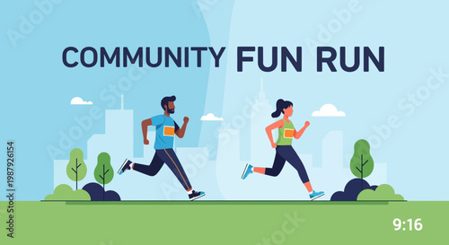 Community Fun Run Cartoon Showing A Man And Woman Jogging In A City Park Environment