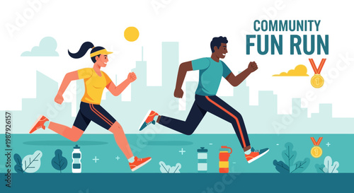 Community Fun Run: A Dynamic Illustration Showcasing Active Lifestyle and Health