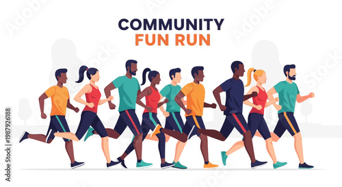Community Fun Run: Diverse Group of People Jogging Together in a Vector Illustration