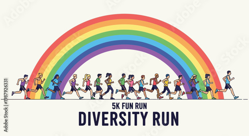 Community Gathering with Athletes Running Under a Vibrant Rainbow for Celebration Events