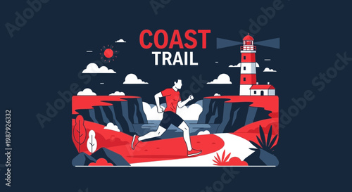 Coastal Trail Runner in a Scenic Landscape Near a Classic Lighthouse at Sunset