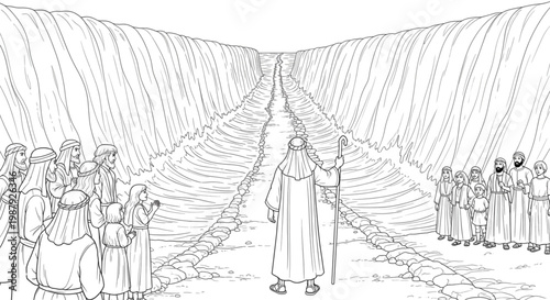 People Crossing parted Sea for Hope and New Beginnings, Divine Guidance, Faith Journey, Exodus Miracle