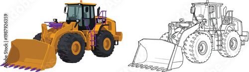 Yellow front loader construction vehicle detailed illustration and line art for industrial design and heavy machinery concepts