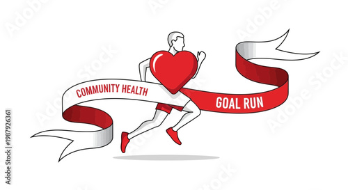 Community Health and Fitness: Achieving Run Goal, Heart-Focused, Illustrated Vector Graphic Design