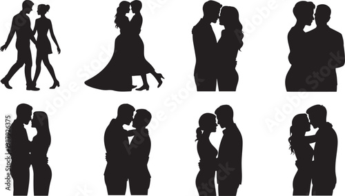 black silhouettes of romantic couples kissing and embracing