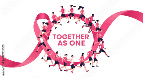 Collective Human Spirit Symbolized By Running People Within A Pink Ribbon Formation