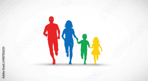 Colored Silhouette Of Family Running Together Depicting Family Bond and Happiness