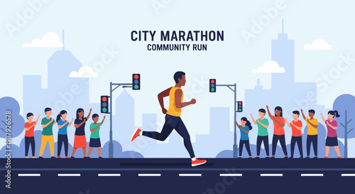 Community Marathon Runner in Urban Environment Cheered On by Spectators and Cityscape