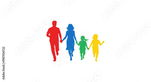Colorful Family Silhouette Running Together, Representing Joy, Happiness, and Togetherness