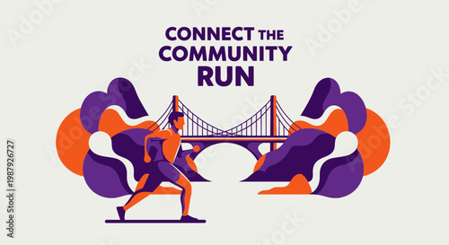 Community Run Concept Featuring A Bridge, Person Running, And Abstract Vibrant Designs