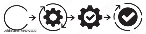 Vector illustration showing a step-by-step process flow with settings and completion icons.