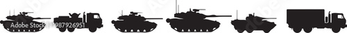Military vehicles, army tanks, black silhouettes, transport trucks, combat fleet