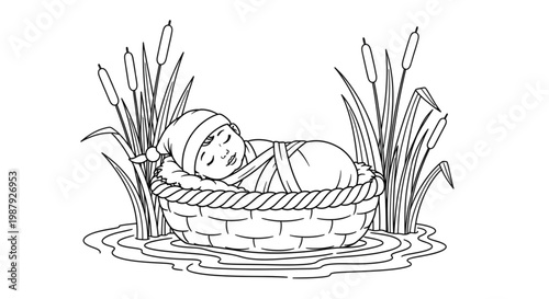 Baby Moses in Basket Floating on Nile River, Hopeful New Beginnings, Biblical Storytelling, Religious Education, Inspirational