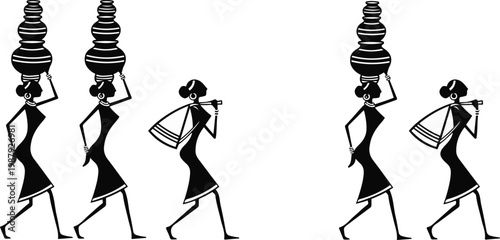Traditional African tribal women vector silhouette, village women carrying water pots on heads, ethnic folk art illustration of rural life isolated PNG with Transparent Background