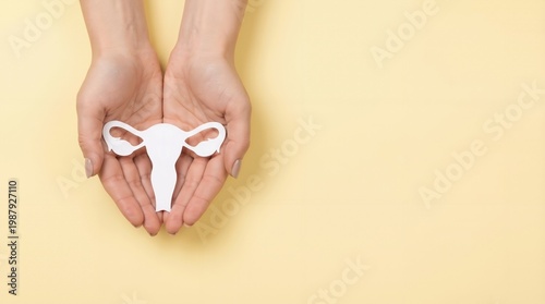 Hands holding a white paper cutout of a female uterus against a plain yellow background
