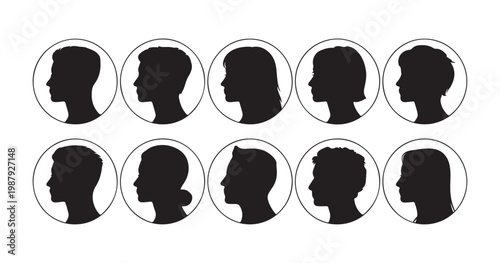 Set of human profile head silhouettes in circle frames flat vector illustration isolated on background.