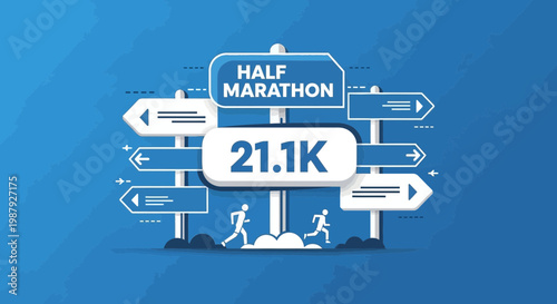 Conceptual Illustration Depicting Half Marathon Distance and Runners on a Blue Background