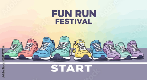 Colorful Running Shoes At Fun Run Festival, Ready To Start The Race Event Anytime