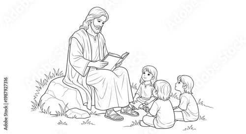 Kind Teacher Inspiring Children with Storybook, fostering learning and faith for educational materials and religious outreach.