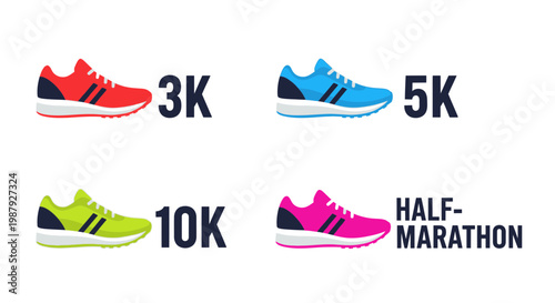 Colorful Running Shoes Illustrating Different Race Distances for Marathon, 3K, 5K, 10K events