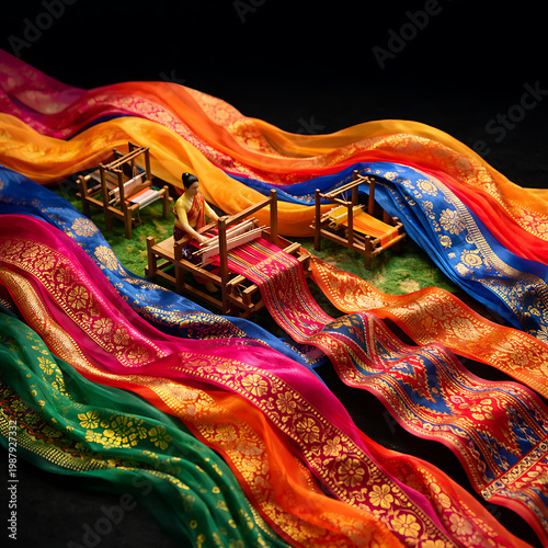Indian Silk Weaving Miniature Scene with Vibrant Traditional Textile Flow