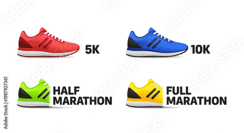 Colorful Running Shoes Presented For 5K, 10K, Half Marathon, And Full Marathon Distances