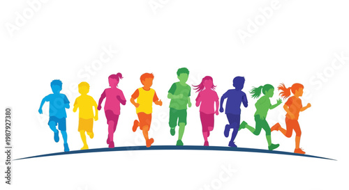 Colorful Silhouette Children Running Together Illustrating Movement and Joyful Activity
