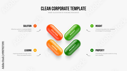 Investor Report Four Element Diagram Slideshow Template. Advertising Portfolio Frame Layout Vector Illustration. Visual Insight 4 Step Infographic Presentation Design.