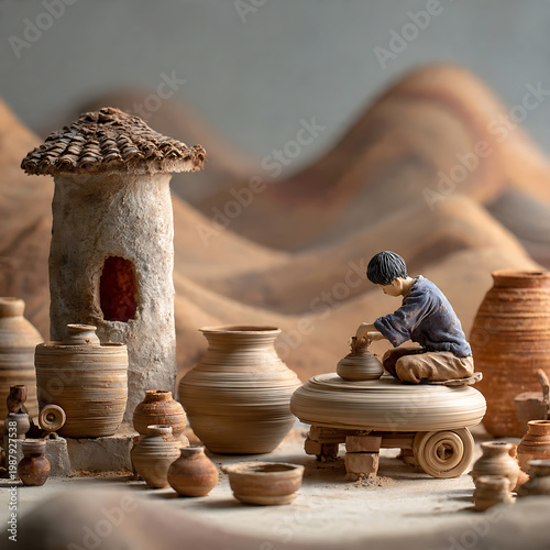 Thai Pottery Craft Miniature with Warm Earth Tone and Copy Space