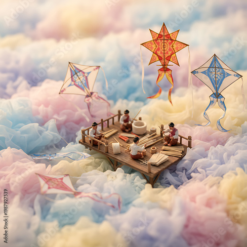 Thai Kite Craft Miniature Scene in Dreamy Pastel Sky