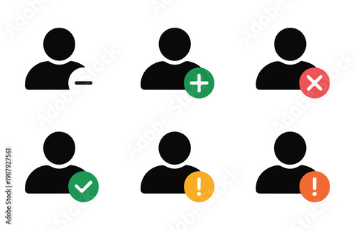 Colored user profile management icons with silhouette and status indicator symbols vector on background.