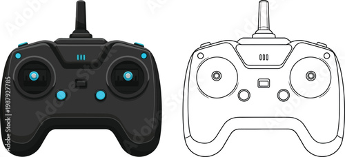 Set of remote control joysticks one in black with blue accents and one outline version for drone or RC car control isolated on white