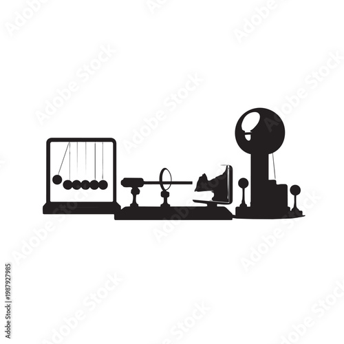 Set of physics laboratory equipment silhouettes including newton cradle and electrical apparatus with circular lens and spherical electrostatic generator in black minimalist style for education.