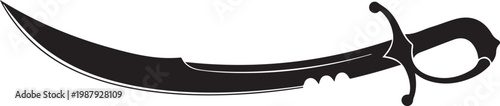 Pirate sword, scimitar, curved blade, black illustration, vector icon