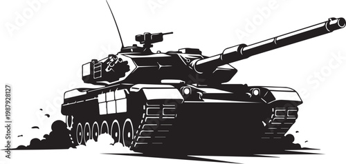 Military tank, black illustration, combat vehicle, war machine, monochrome design