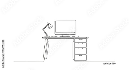 Minimalist Desk Setup: Computer, Lamp, and Drawers - Clean Line Art