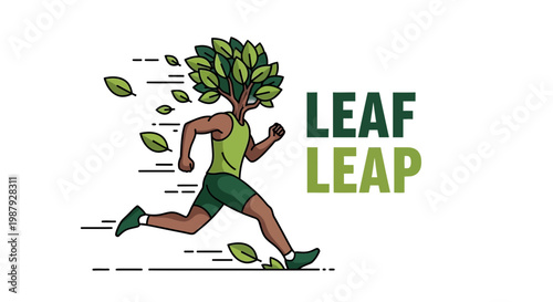 Creative Plant Humanoid Figure Running, Green Leaves Head, Concept Art, Leaf Leap