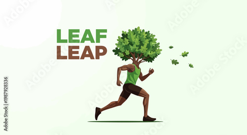 Creative Representation Of A Running Figure With A Tree-Like Head And Leaf Symbols
