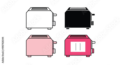Four stylized toasters are shown in different colors white black pink and red