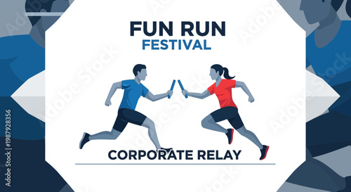 Corporate Relay Race Event Graphic Depicting Teamwork and Competition, Vector Illustration