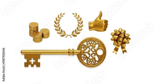金色の鍵、コインの山、月桂冠、親指を立てた手、ギフトリボンのアイコンが並ぶセットのイラスト gold coins stack laurel