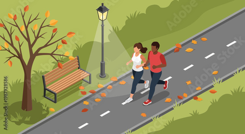 Couple Running Together In The Park During A Beautiful Autumn Season