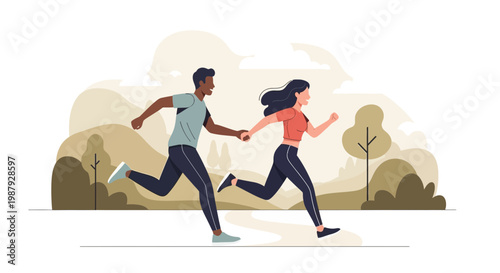 Couple Running Together in Nature, Holding Hands, Sharing a Moment of Joy and Fitness