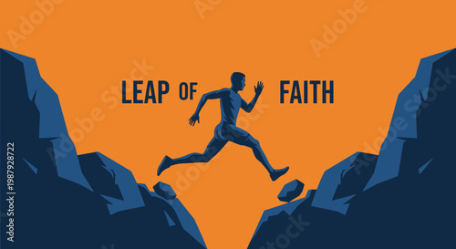 Courageous Journey Depicted, A Man Leaping Across Chasm of Uncertainty