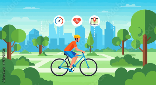 Cyclist Enjoying Outdoor Ride With Health Data Displayed Under Clear Blue Sky